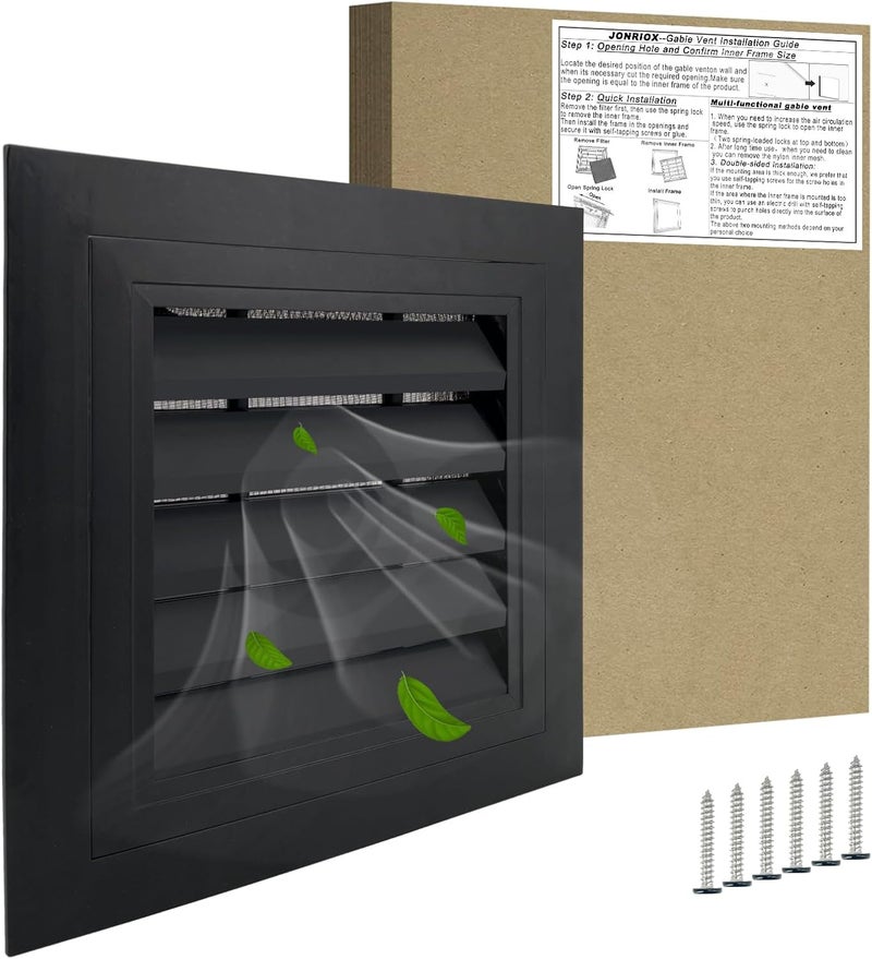 JONRIOX 12"*12" Gable Vent,Aluminum Alloy Wall Vent Shed Vents,with Removable Strainer and 180 Degree Opening Angle.Ideal for Attic,Shed,Garage,Play House,Coop.[Inside Dimensions:9.5"w X 9.5"h]-Black 2 Pack - Image 1